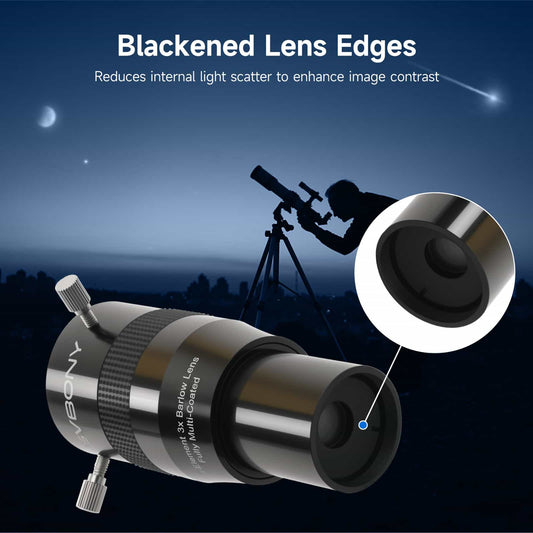 Svbony SV216 Barlow Lens 1.25inch 3X 4-Element Barlow Lens with blackened lens edges on a night sky background, showing a person using the telescope.