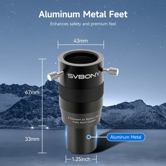 Svbony SV216 Barlow Lens 1.25inch 3X 4-Element Barlow Lens with aluminum metal feet and measurements against a mountainous landscape background