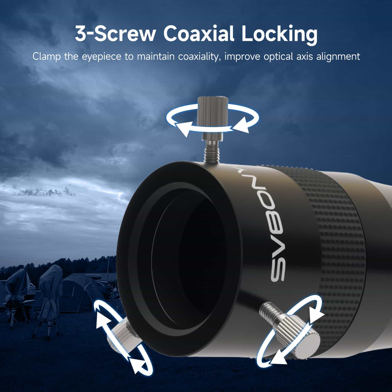 Svbony SV216 3x Barlow Lens with 3-screw coaxial locking mechanism against a night sky background.