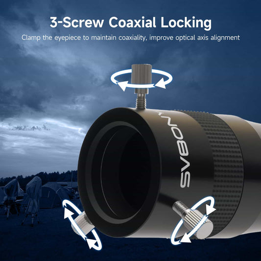 Svbony SV216 3x Barlow Lens with 3-screw coaxial locking mechanism against a night sky background.