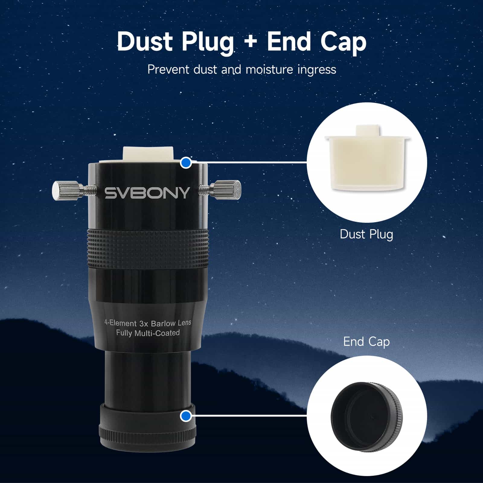 Svbony SV216 3x Barlow Lens with dust plug and end cap illustration on a starry night background