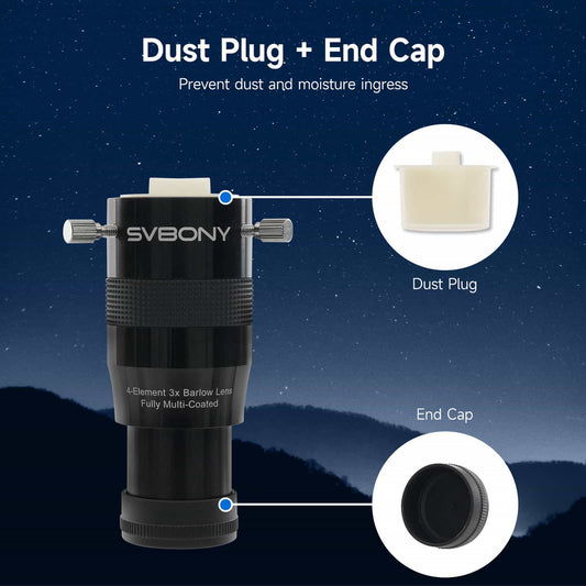 Svbony SV216 3x Barlow Lens with dust plug and end cap illustration on a starry night background