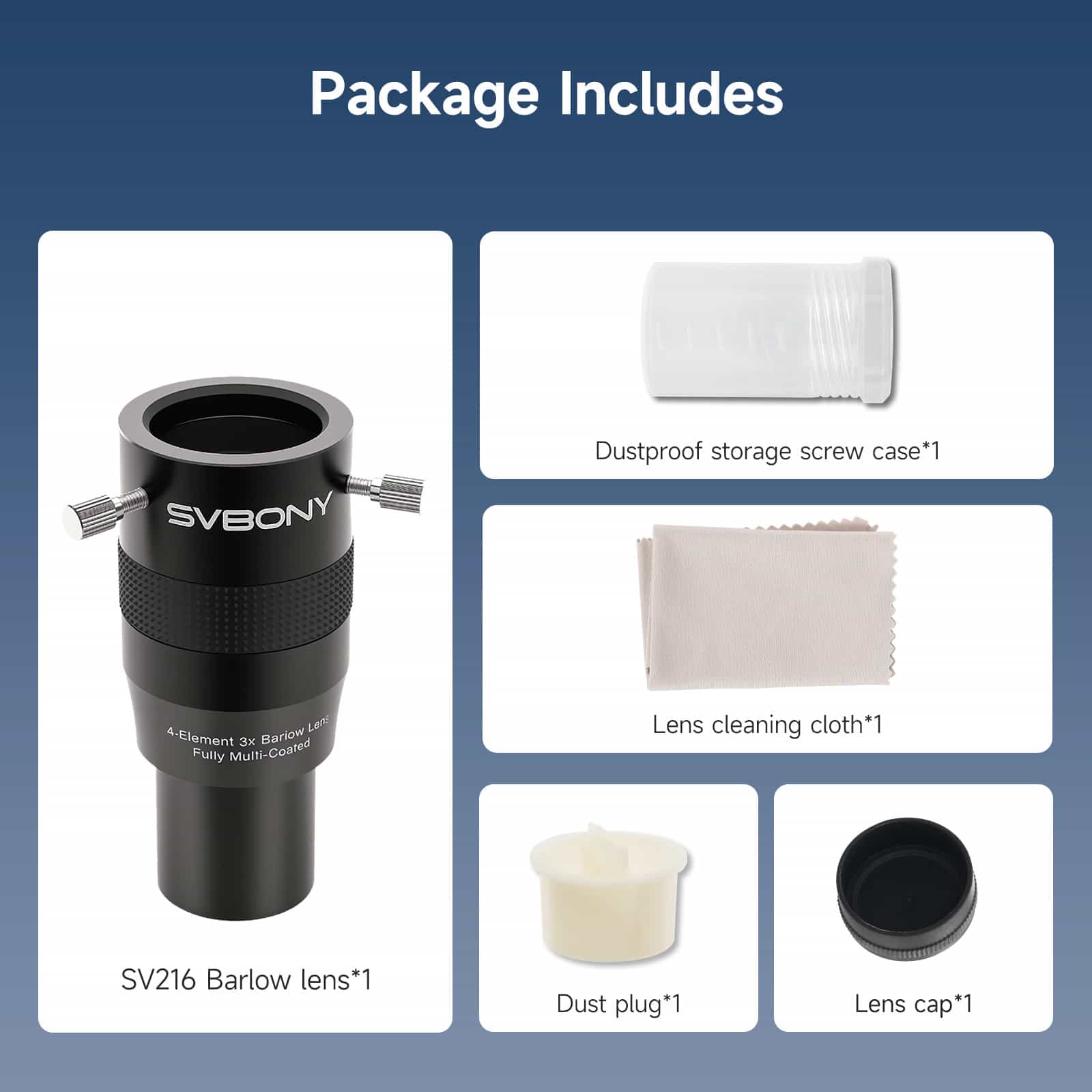 SVBONY SV216 Barlow lens with dustproof storage screw case, lens cleaning cloth, dust plug, and lens cap on a blue background.