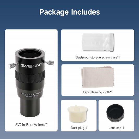 SVBONY SV216 Barlow lens with dustproof storage screw case, lens cleaning cloth, dust plug, and lens cap on a blue background.