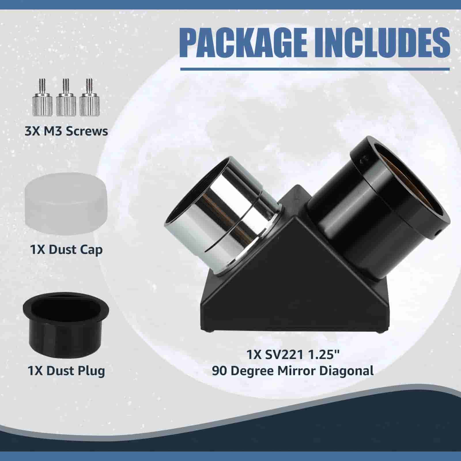 SV221 Mirror Diagonal 1.25inch 90 Degree with included components on a gray background