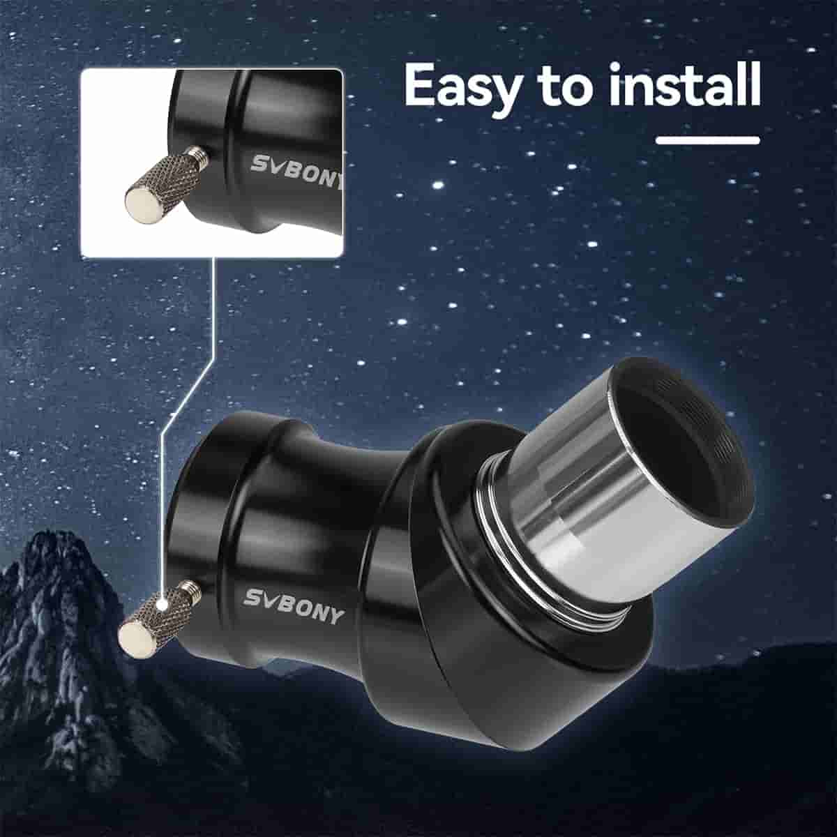 SVBONY telescope eyepiece with starry night background and 'Easy to install' text