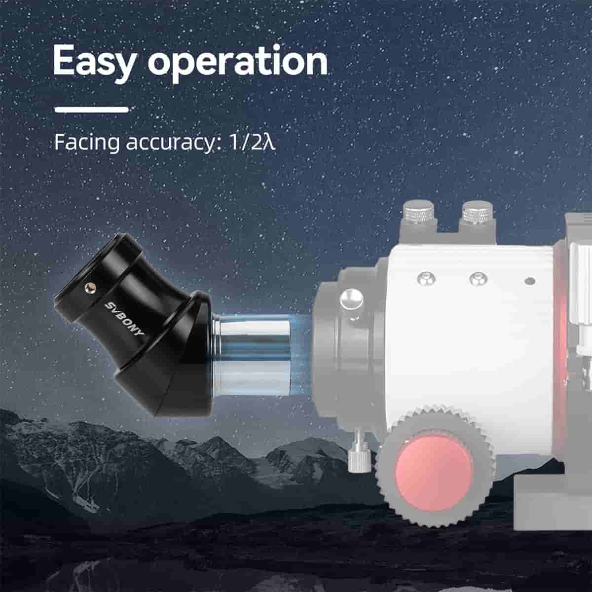 SV222 1.25-inch 45 Degree Correct Image Diagonal Mirror against a night sky and mountain landscape, labeled 'Easy operation'.