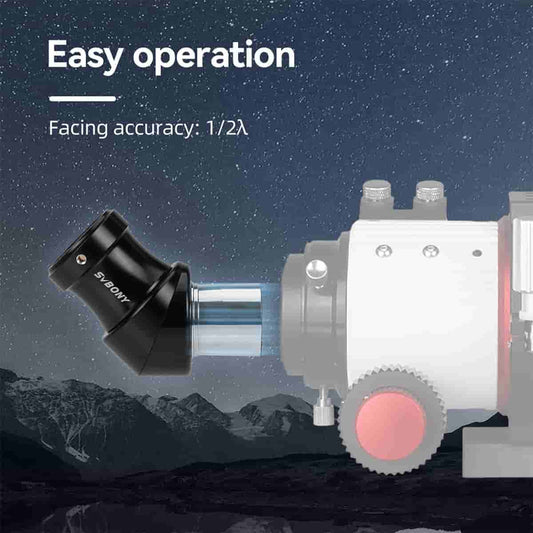 SV222 1.25-inch 45 Degree Correct Image Diagonal Mirror against a night sky and mountain landscape, labeled 'Easy operation'.