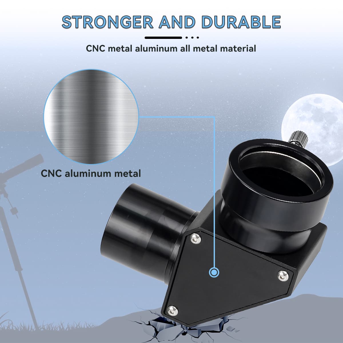 Black SV222 Erect Prism Diagonal 90 Degree 1.25-inch with 'Stronger and Durable' text and moon background