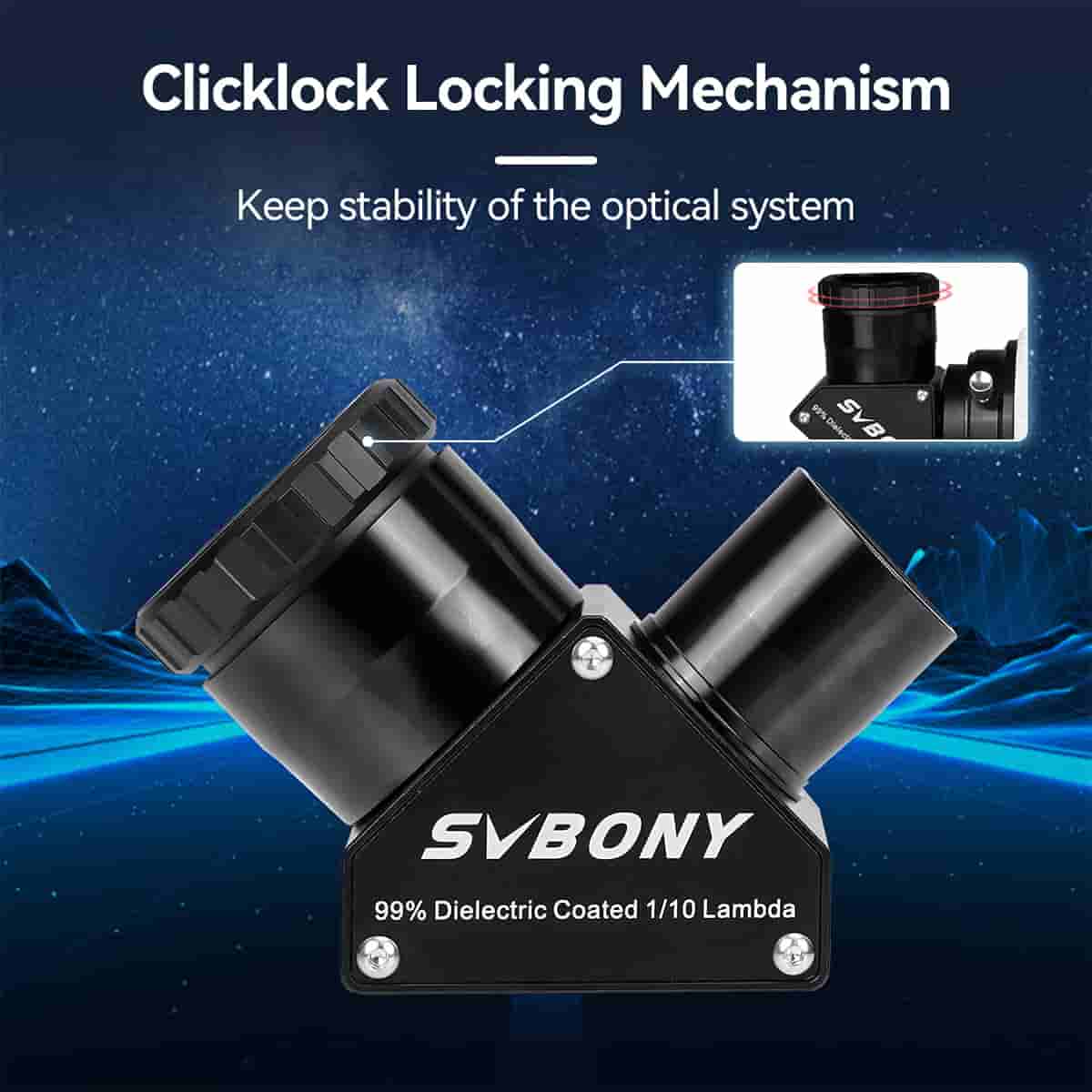 SV223 1.25 Inch 90 Degree Clicklock Dielectric Mirror component with 'Clicklock Locking Mechanism' text and SVBONY branding against a space-themed background.