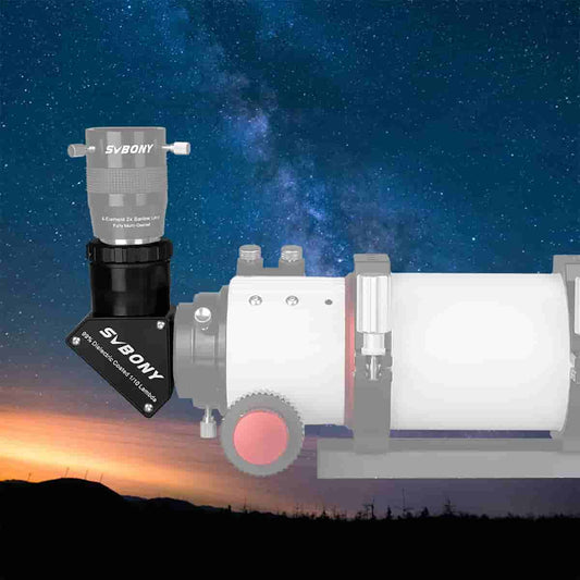 SV223 1.25 Inch 90 Degree Clicklock Dielectric Mirror with 'SvBONY' branding against a starry night sky