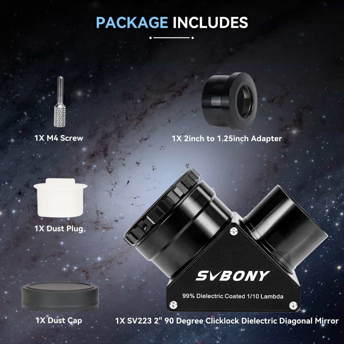 SVBONY telescope accessory package with components on a space-themed background