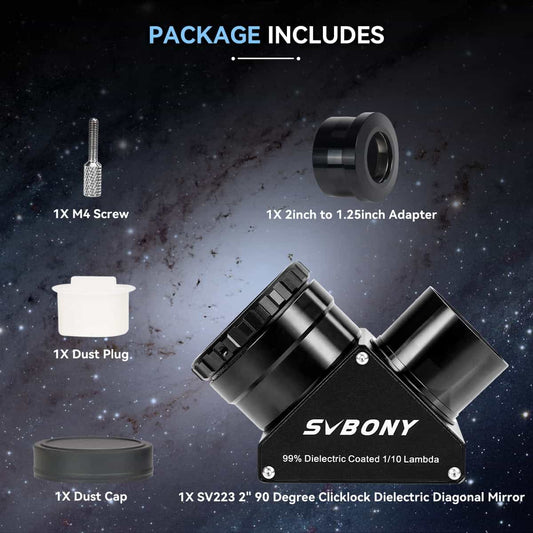 SVBONY telescope accessory package with components on a space-themed background