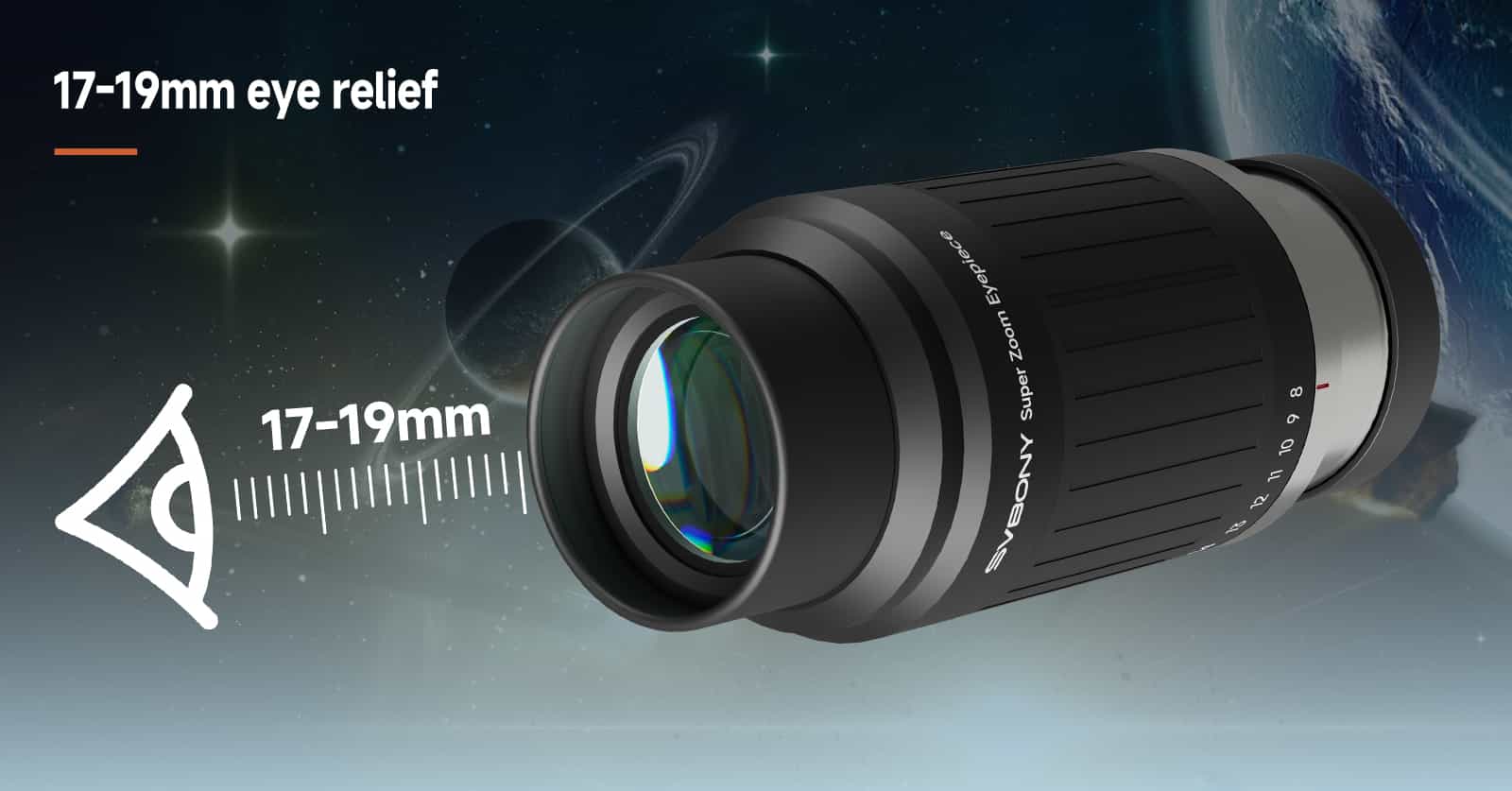 SV230 Super Zoom Aspheric Eyepiece Clickstop Parfocal Design 8-20mm 57°- 72° visual combinations with 17-19mm eye relief measurement against a space-themed background