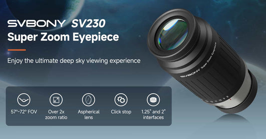 SVBONY SV230 Super Zoom Eyepiece with product details on a space-themed background