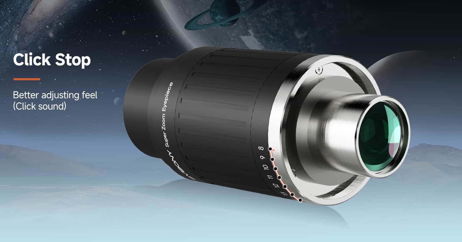 SV230 Super Zoom Aspheric Eyepiece Clickstop Parfocal Design 8-20mm 57°- 72° visual combinations on a space-themed background
