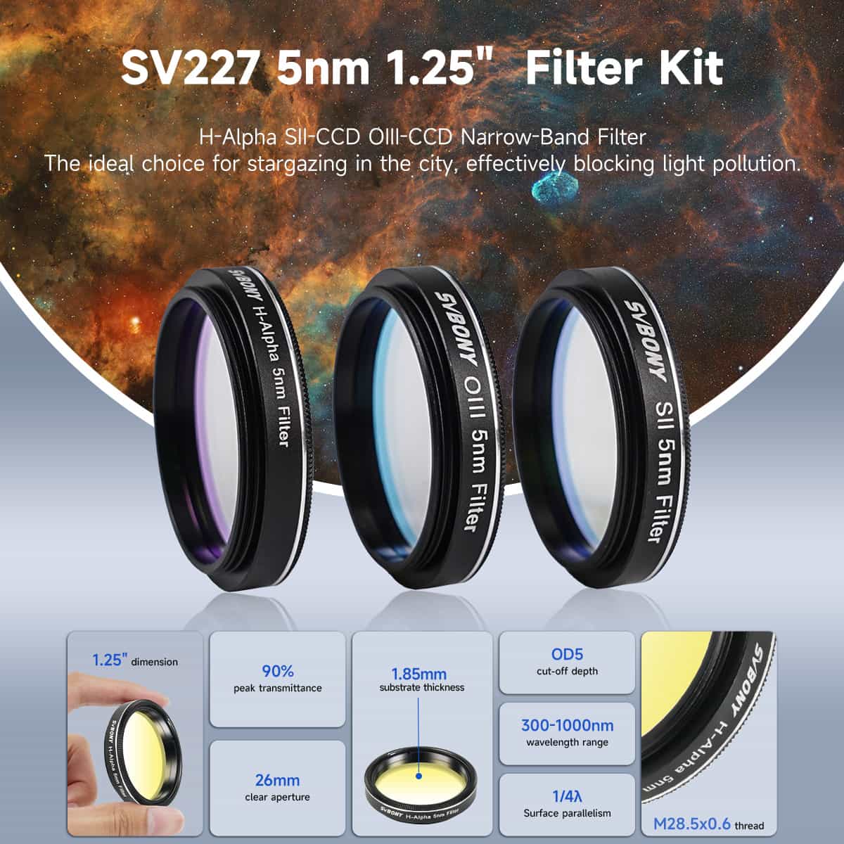SV227 5nm 1.25" Filter Kit with space-themed background