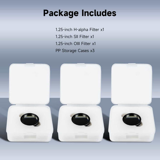 Three white filter cases with black filters inside, on a gray background with text listing package contents.