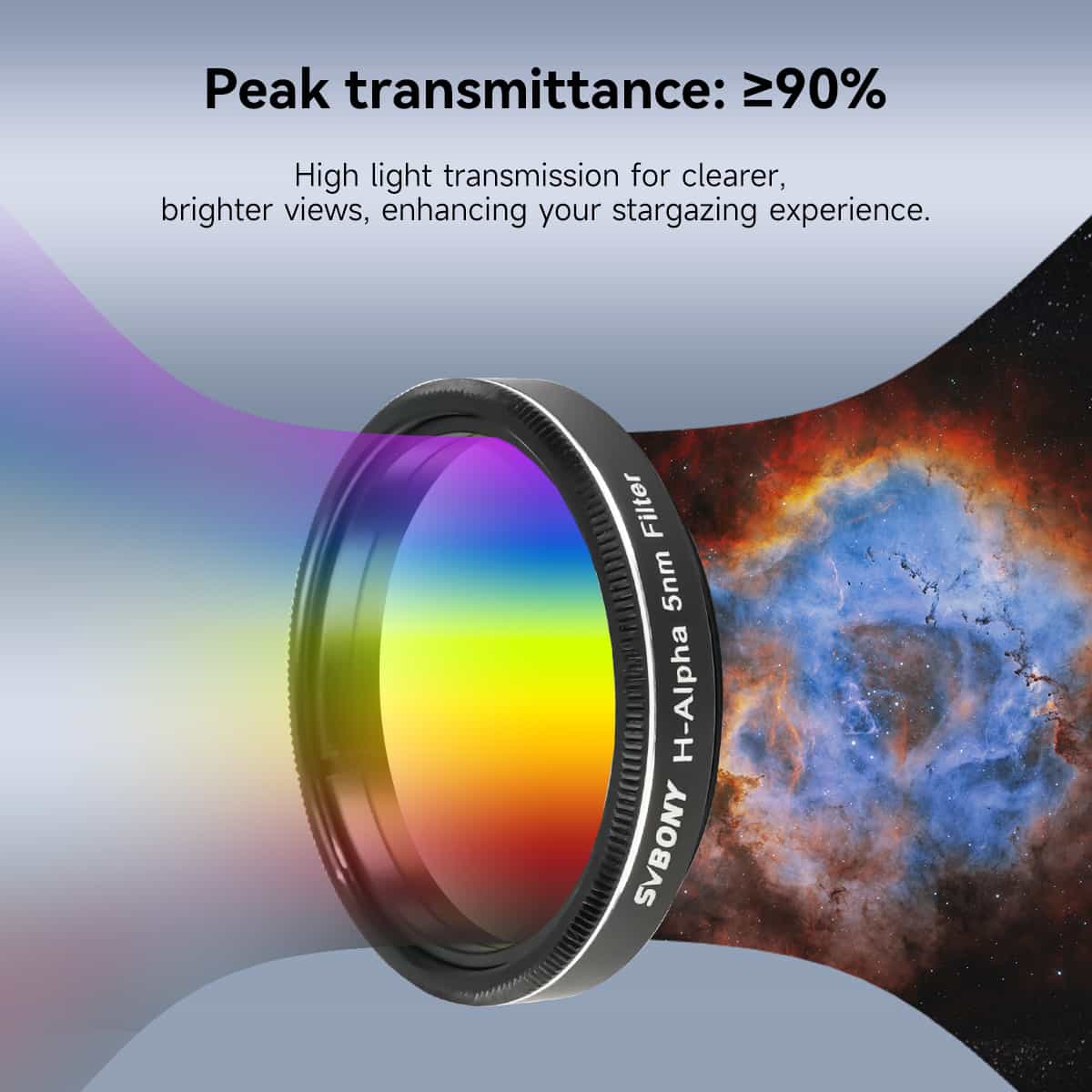 SV227 SII 5nm 2" Filter with a colorful gradient against a space-themed background, highlighting its high light transmission for stargazing.