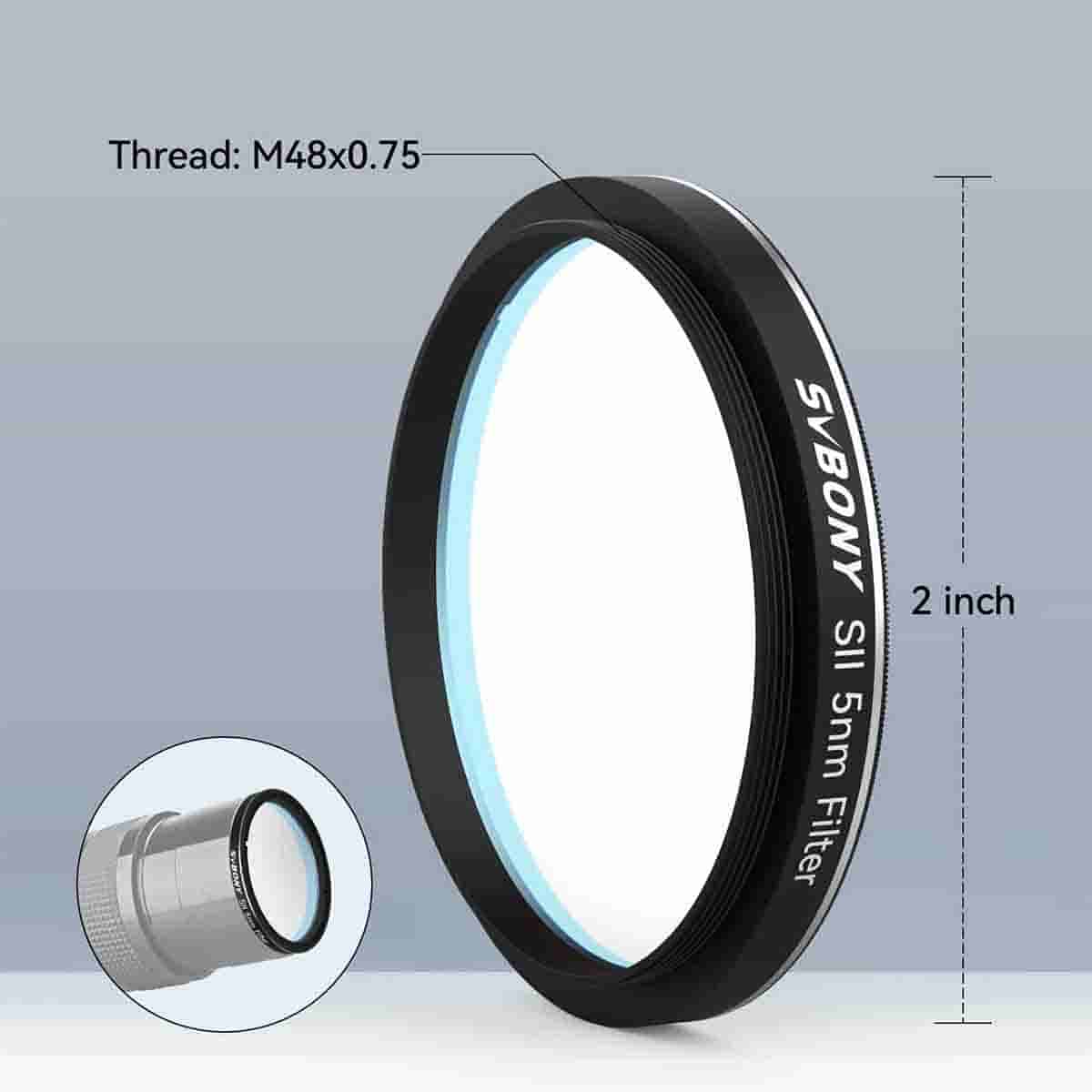 SV227 SII 5nm 2" Filter with thread size and dimensions on a gray background