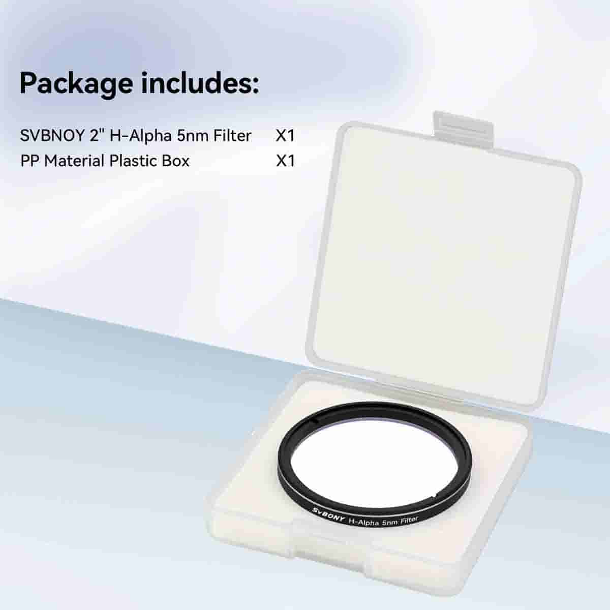Svbnoy 2" H-Alpha 5nm filter in a PP material plastic box on a light blue background