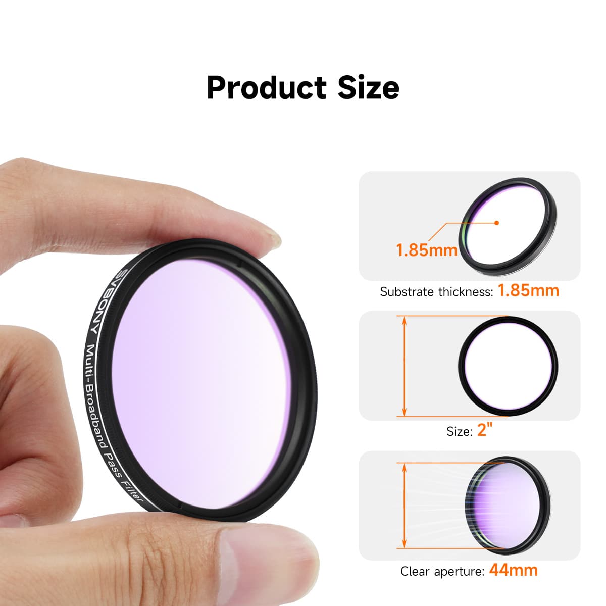 SV260 Multi-Bandpass Filter 5-bandpass Broadband Pass Light Pollution Filter held by a hand with product dimensions displayed.