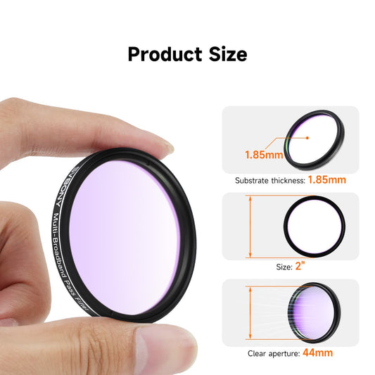 SV260 Multi-Bandpass Filter 5-bandpass Broadband Pass Light Pollution Filter held by a hand with product dimensions displayed.