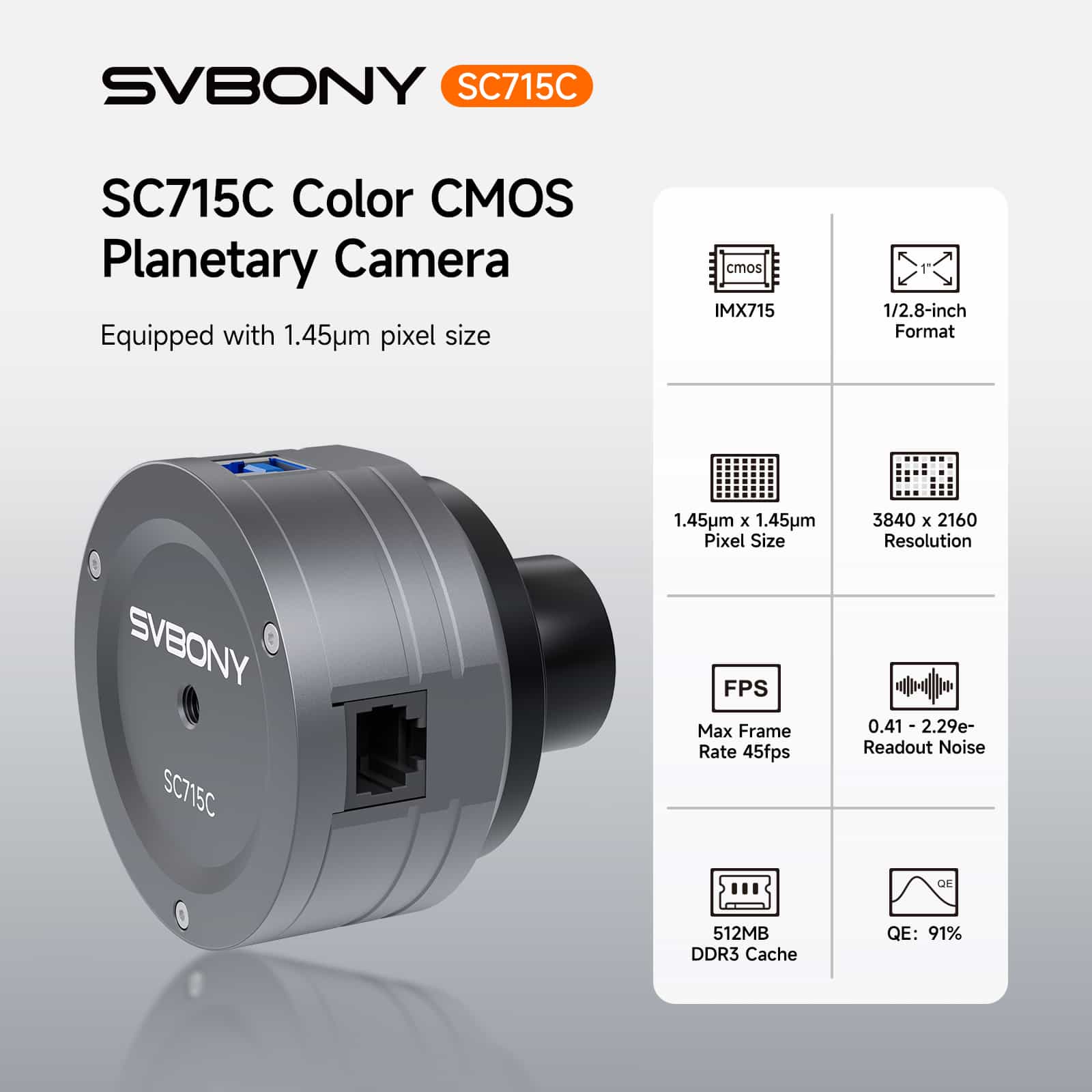 Svbony SC715C Color CMOS Planetary Camera with specifications on a white background