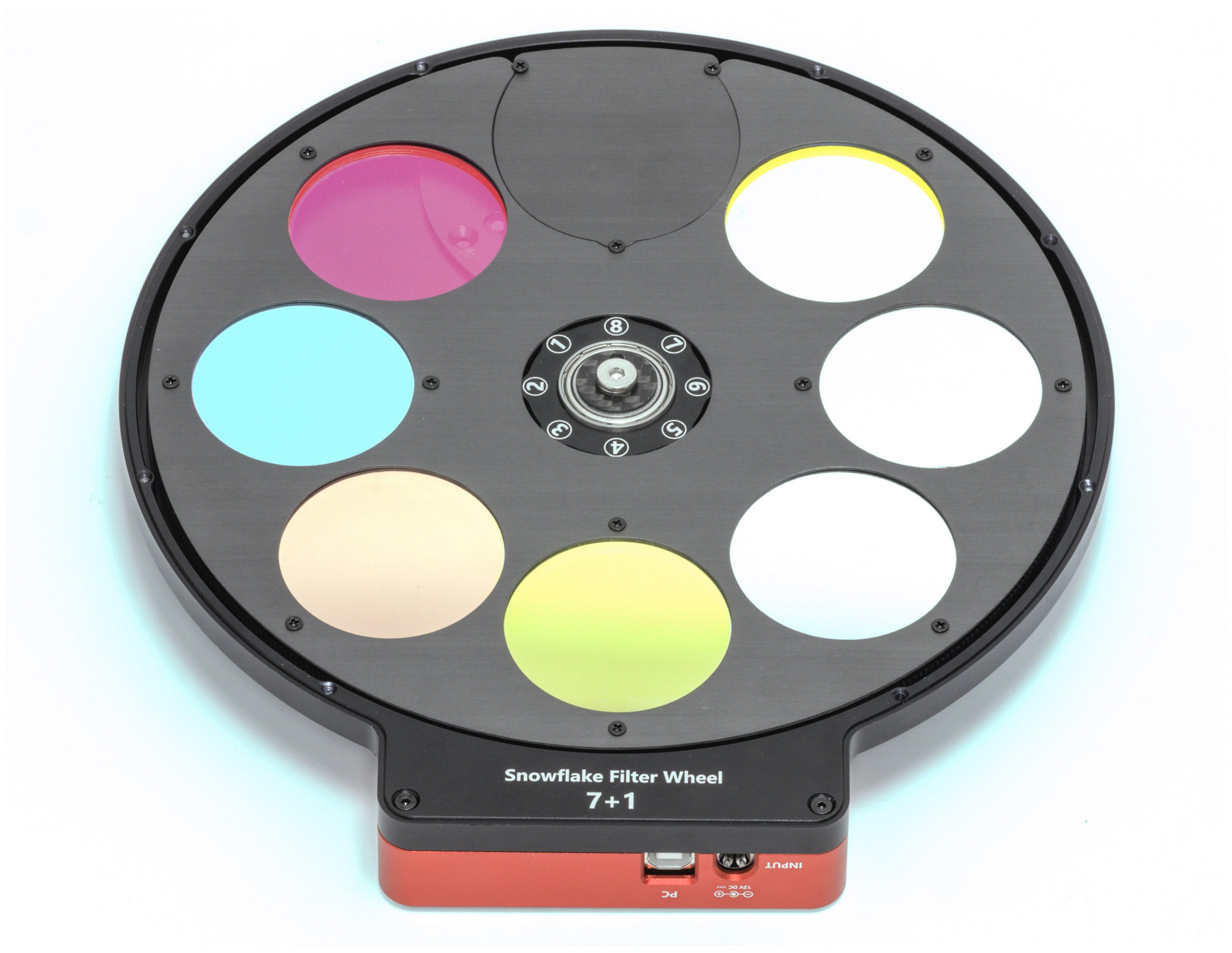 Wanderer Astro Snowflake 7+1 filter wheel showing installed filter masks and filter slots

