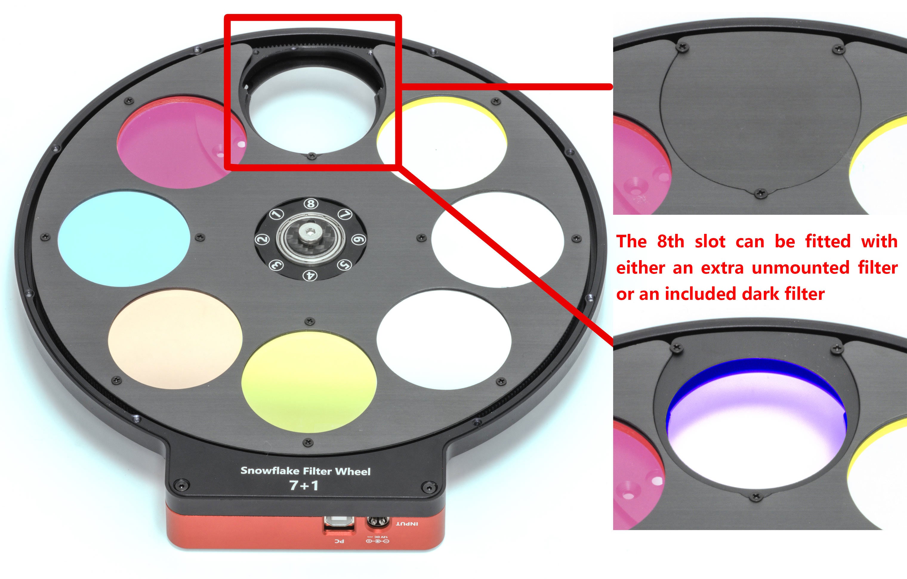 Wanderer Astro Snowflake 7+1 filter wheel showing 8th slot configured for an extra unmounted filter or included dark filter
