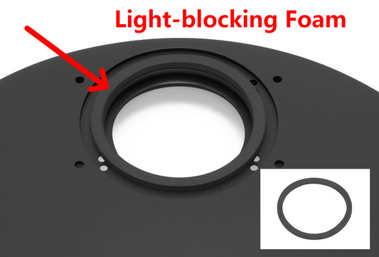 Light-blocking foam insert on Wanderer Astro Snowflake filter wheel highlighted with red arrow
