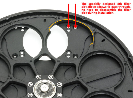 Wanderer Astro Snowflake filter wheel showing specially designed 8th filter slot allowing screw access during installation
