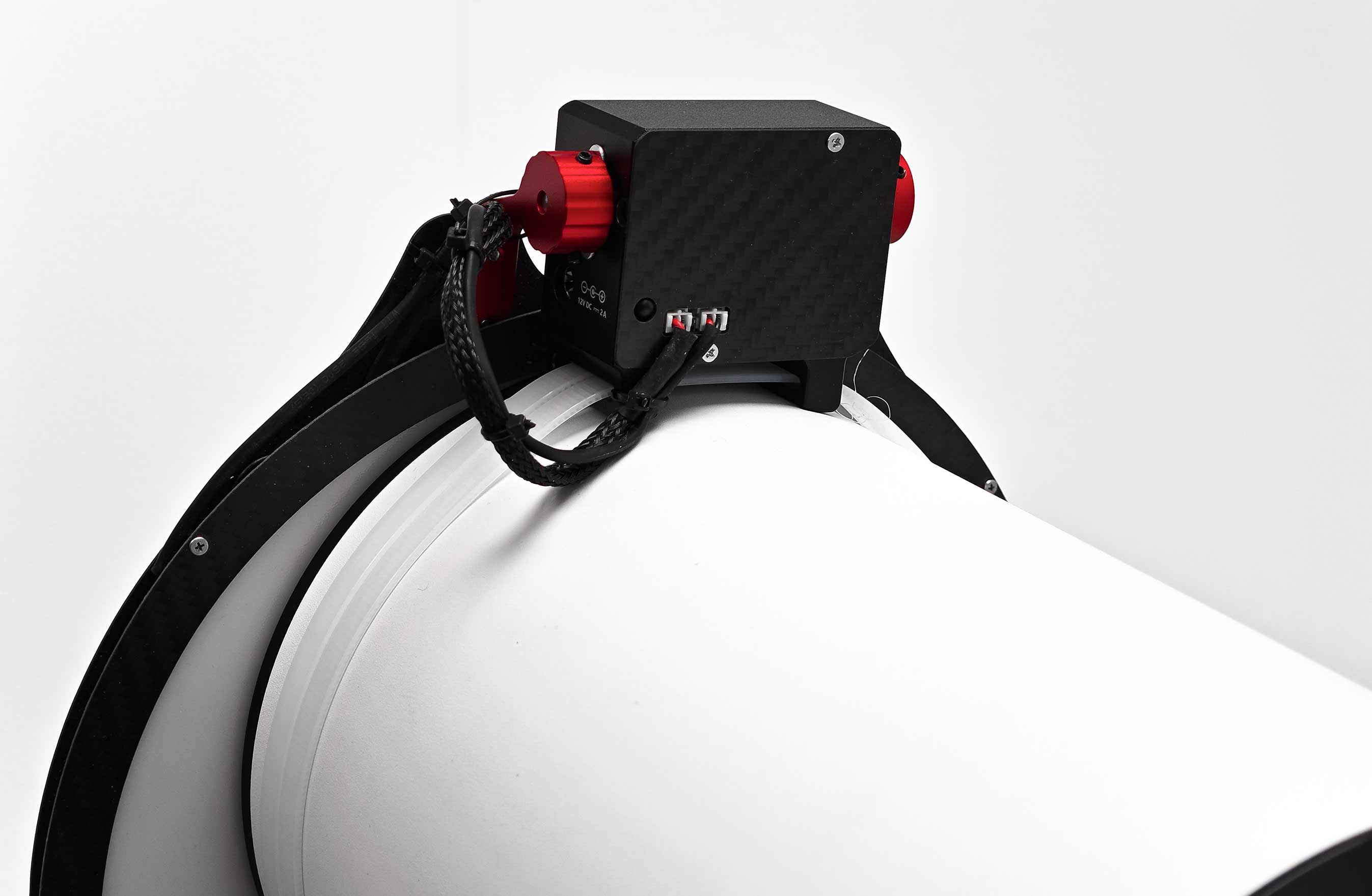 Rear view of the WandererCover V4-EC IR motorised flat panel mounted on a telescope dew shield
